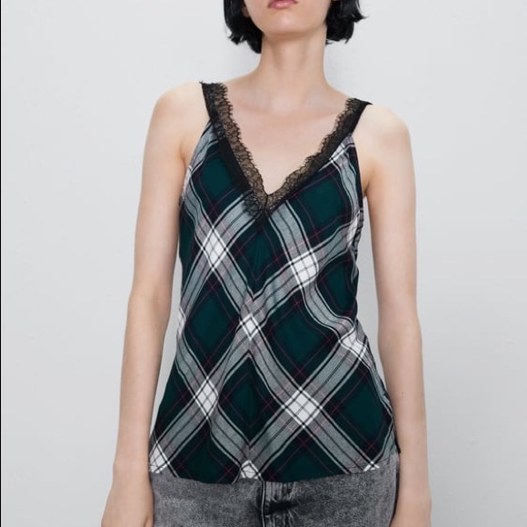 Zara NWT Plaid Lace Camisole Small Green Red Black Tank - Picture 12 of 13